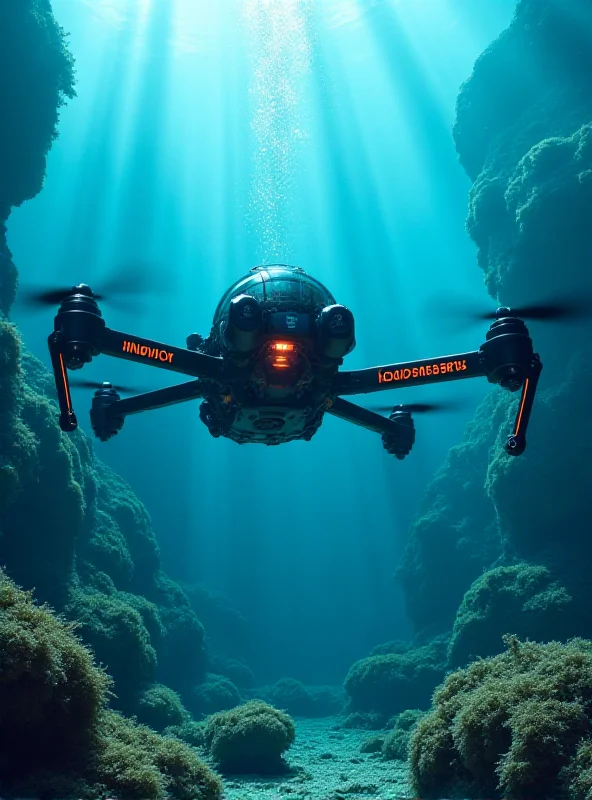 A high-tech underwater drone with 'Kraken Robotics' branding exploring the ocean floor, showcasing the company's technology and capabilities.