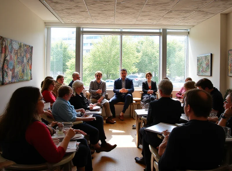 A modern and bright meeting hall with people engaging in a cultural discussion.