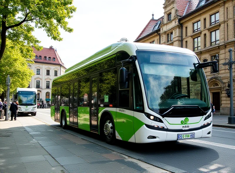 A NesoBus hydrogen bus driving down a city street in Krakow, with historic buildings in the background.