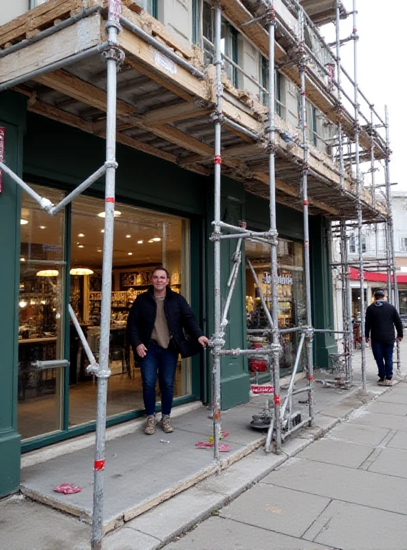 An exterior shot of a small business undergoing renovation with city signage indicating open for business and alternate access routes.