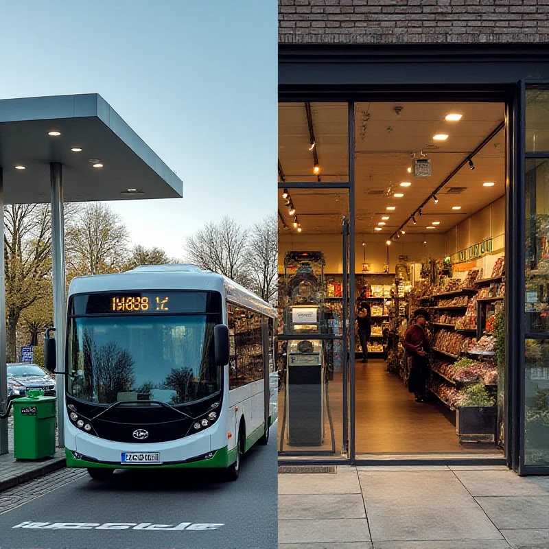 A split image showing a hydrogen fuel cell filling station on one side and a renovated storefront with customers on the other, representing the two initiatives.