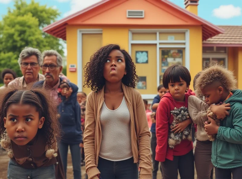 Concerned parents standing outside a kindergarten with a worried expression.