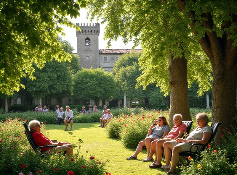 People enjoying a sunny day in a lush green garden in Krakow, with historic buildings visible in the background.