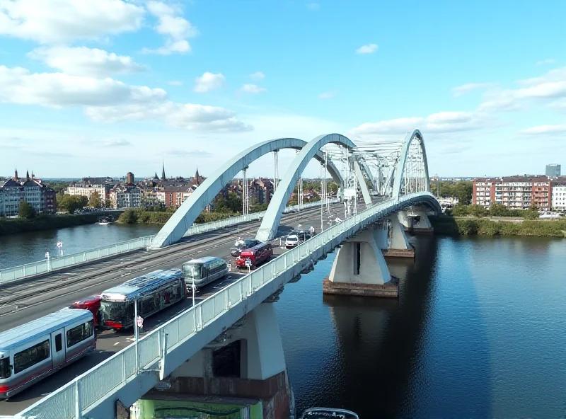 A wide shot of the Grunwaldzki Bridge in Krakow, showing cars and trams crossing it on a sunny day. The Vistula River is visible below.