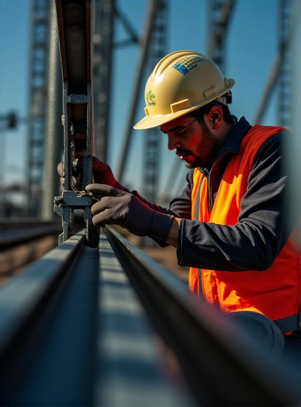 A detailed view of a construction worker inspecting the support structure of a bridge, with safety equipment visible.