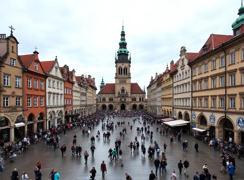 Panoramic view of Kraków's main square, Rynek Główny, with surveillance cameras visible on buildings. People are walking around and enjoying the city. The sky is slightly overcast.