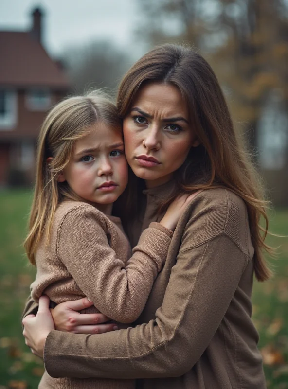 A concerned mother holding her child, looking worried. In the background, the blurry image of a kindergarten can be seen. The overall tone is somber and apprehensive.