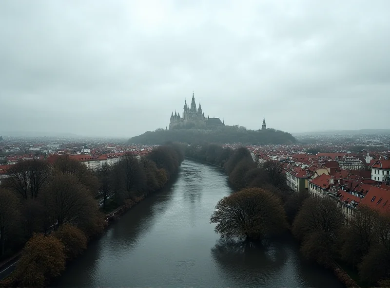 Panoramic view of Krakow on a cloudy day with the Vistula River in the foreground.