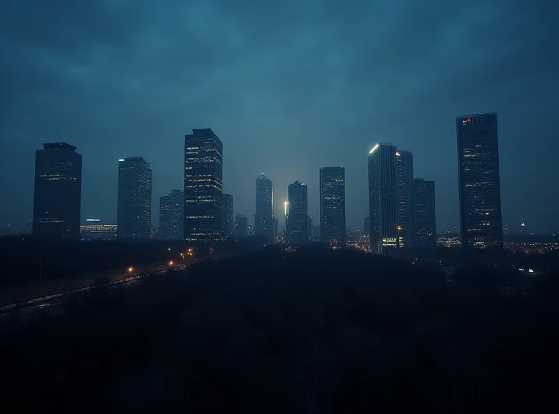 A somber image of the Moscow skyline at dusk with a building highlighted in the distance.