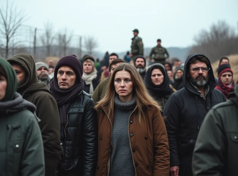 A group of Ukrainian refugees looking concerned, standing near a border crossing.