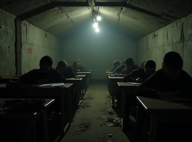 A dimly lit classroom in an underground shelter in Kharkiv, with students studying under challenging conditions.