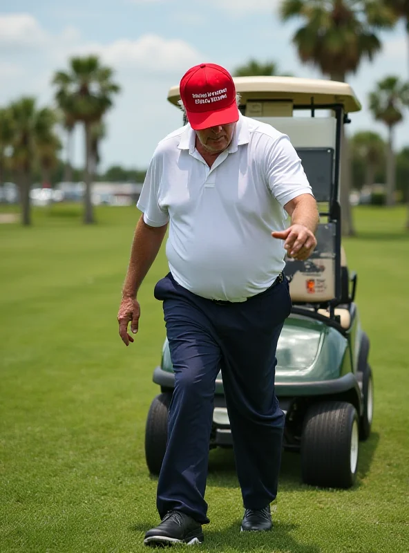 Donald Trump limping on a golf course in Florida, with a golf cart in the background.