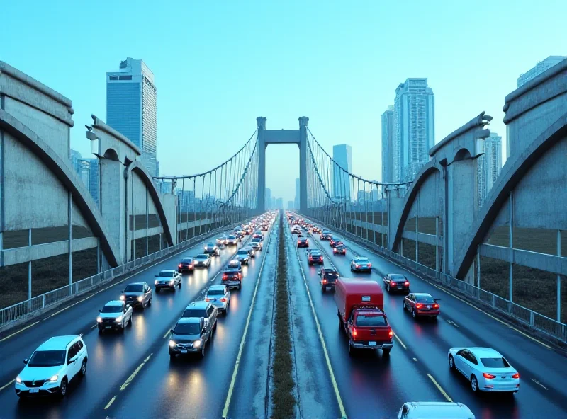 Busy highway bridge with cars and trucks