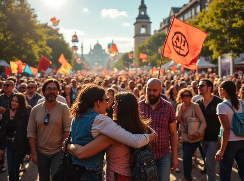 Image of people celebrating peace in a city