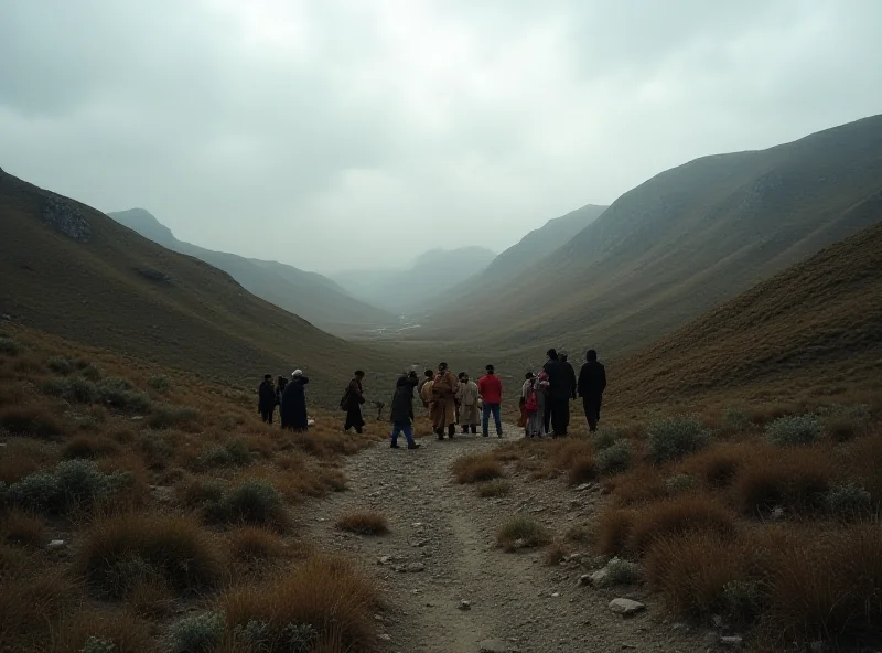 A group of Kurdish people walking through a mountainous landscape in Iraq.