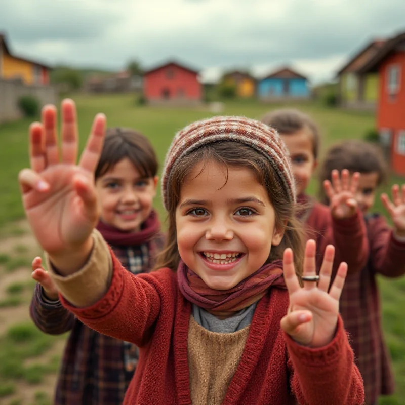 A group of Kurdish children smiling and waving, symbolizing hope for the future.