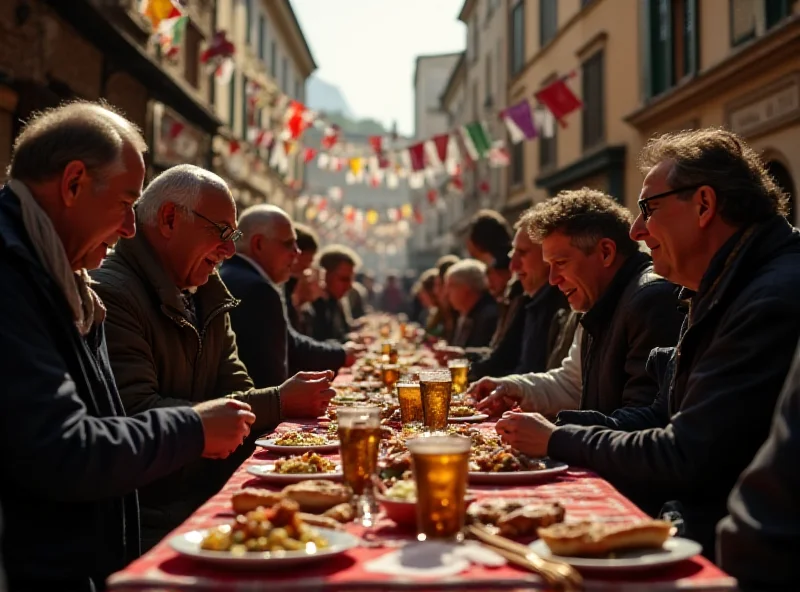 A vibrant scene of people enjoying local food and drink at a soccer event in Ghivizzano, Italy.