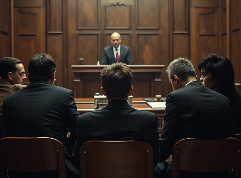 A dramatic courtroom scene depicting a trial against soccer ultras in Italy.