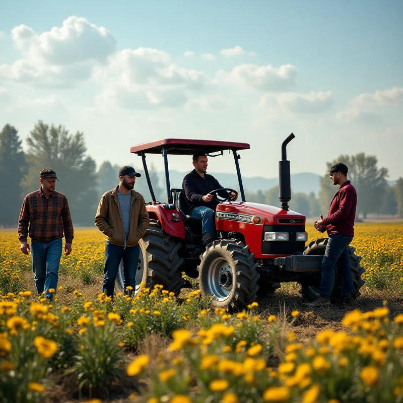 A diverse group of Kyrgyz people working in agriculture and transportation, symbolizing economic growth and development