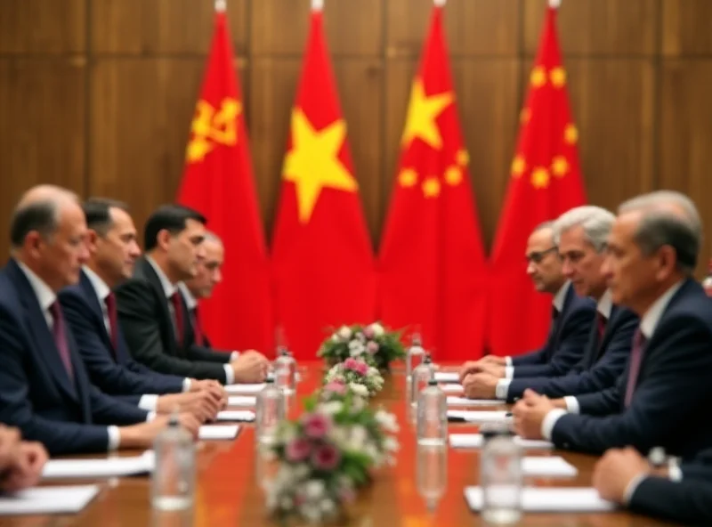 Meeting between Kyrgyz and Vietnamese officials with flags in the background