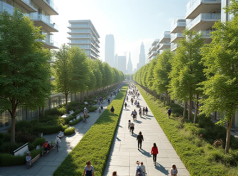 Architectural rendering of La Défense with added greenery and public spaces