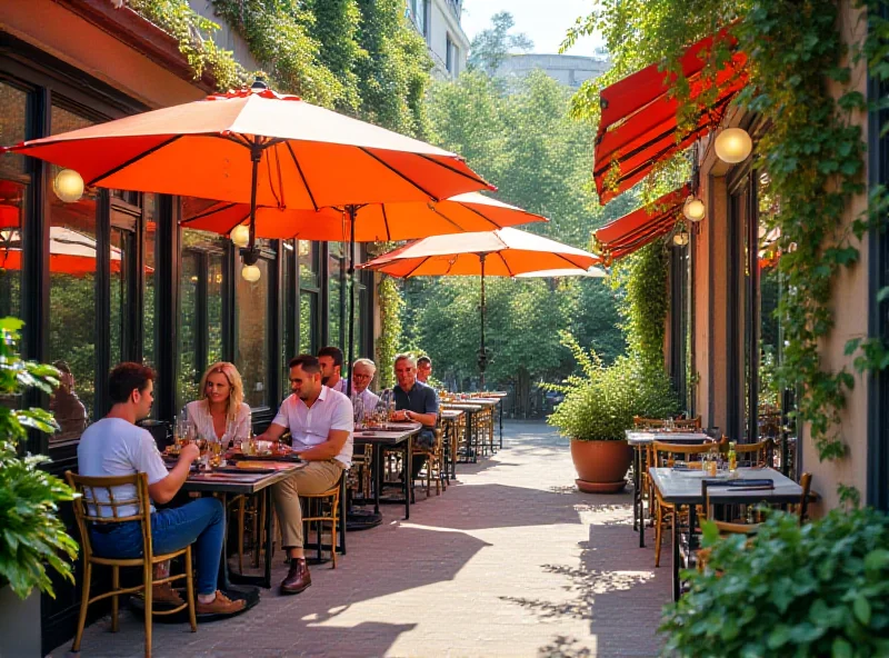 People enjoying an outdoor cafe in a revitalized urban setting