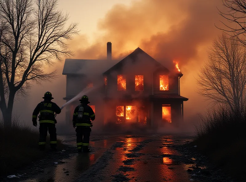 A house destroyed by fire with firefighters putting out the remaining flames. Smoke is visible in the air.