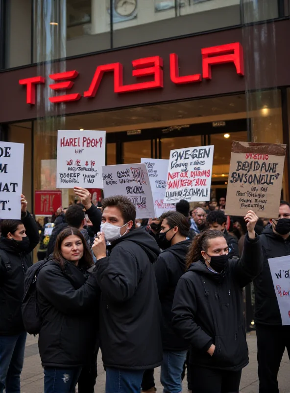 Crowd of protestors holding signs outside a Tesla store