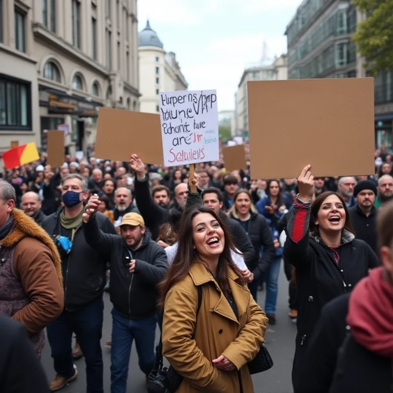 A diverse group of protestors marching down a city street