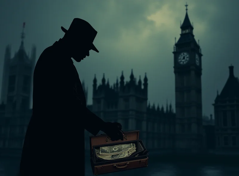 Illustration of a shadowy figure handing over a briefcase of money, with the Houses of Parliament in the background blurred.