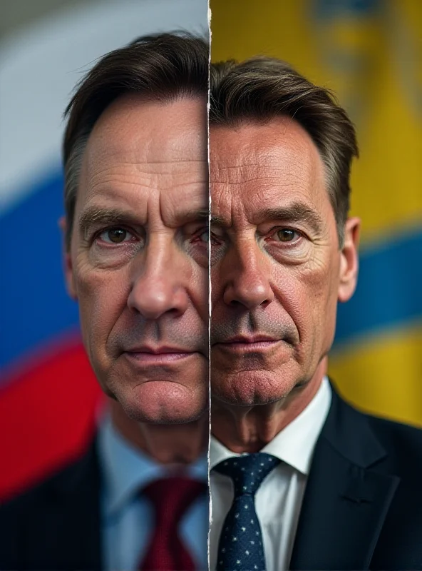 A split image showing Nigel Farage on one side and Keir Starmer on the other, both with serious expressions. Behind Farage is a subtle Russian flag, and behind Starmer is a Ukrainian flag.