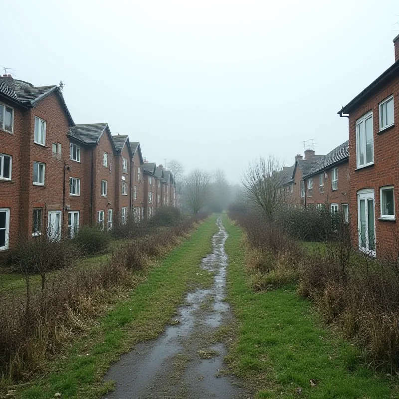 A panoramic view of a deprived urban area in the UK, with dilapidated buildings and a grey sky. Focus on the lack of green spaces and signs of poverty.