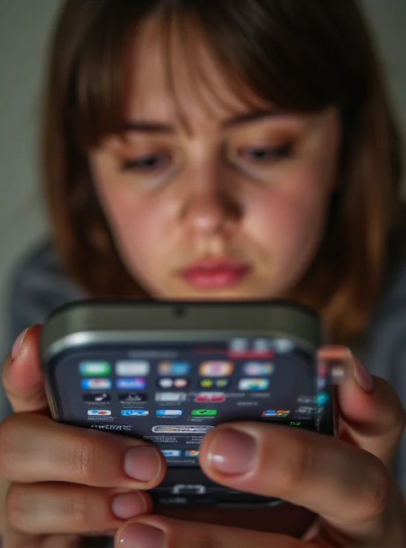 A young teenager looking at a smartphone with a concerned expression. The phone screen displays various social media app icons.