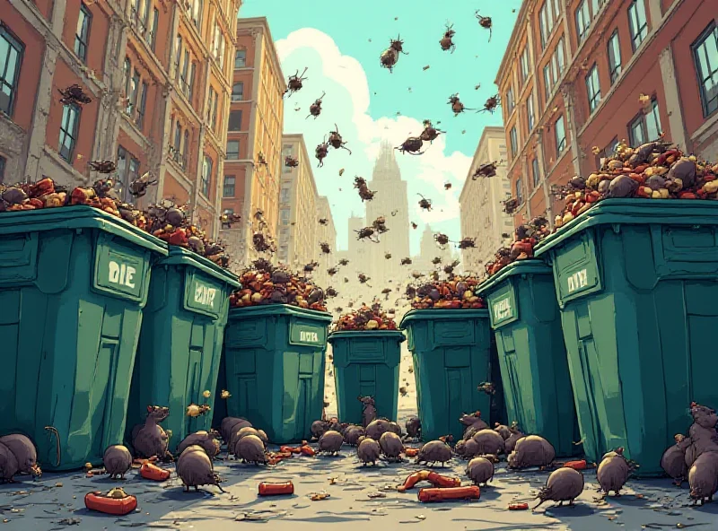 A cartoon depiction of rats swarming around overflowing garbage bins in a city street.