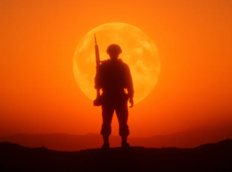 A silhouette of a soldier standing in front of a setting sun, with a globe in the background, representing global security and military presence.