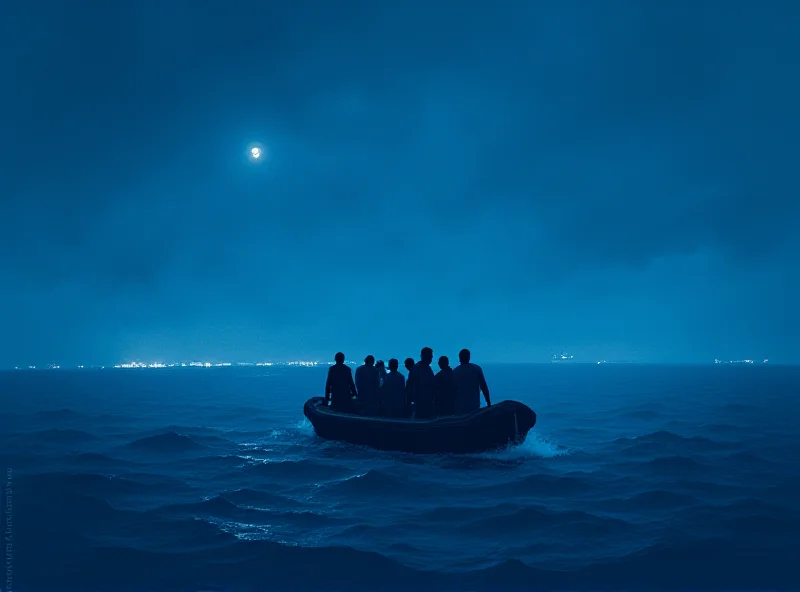 A digital illustration showing a small boat crossing the English Channel at night, with the lights of the UK coastline visible in the distance. The sky is a dark, stormy blue, and the sea is choppy.