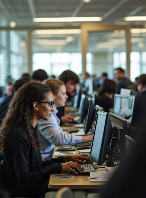 A photograph of a busy job center, with people sitting at computers searching for employment opportunities. A sign on the wall reads 'Job Opportunities Available'.