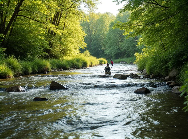 A picturesque river scene with clear water flowing over smooth rocks. Lush green vegetation lines the riverbanks, and sunlight filters through the trees, creating a dappled effect. A person is visible in the distance, fly fishing in the river.