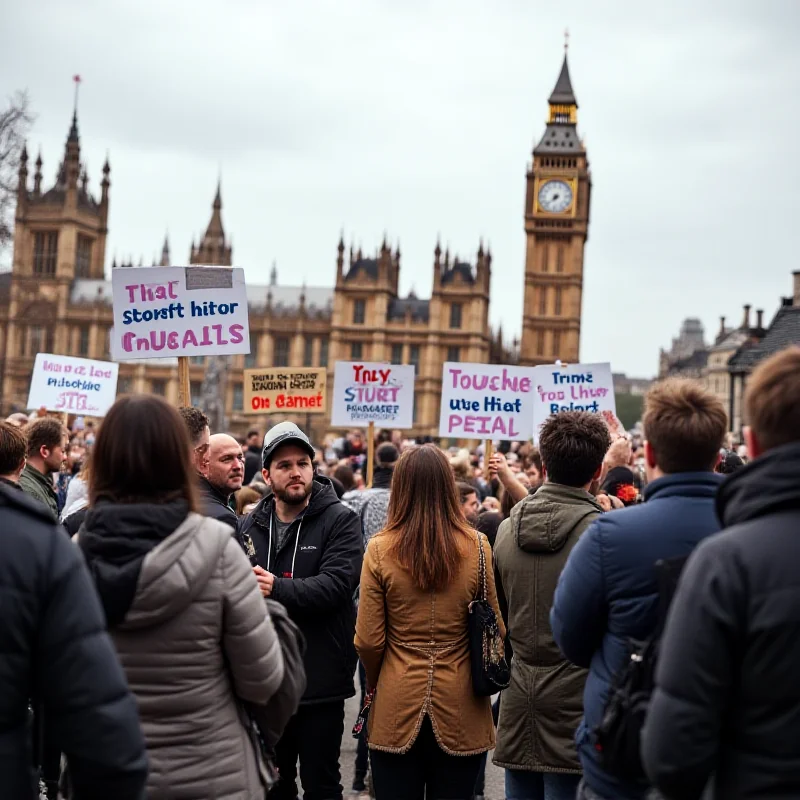 A group of diverse people standing together in front of the Houses of Parliament in London. They are holding signs advocating for different political causes, and the atmosphere is one of passionate engagement.