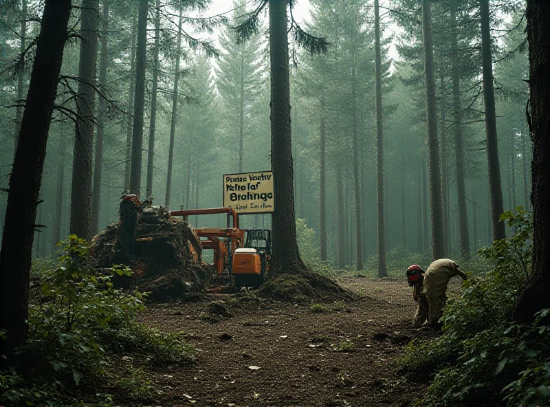 A forest landscape with trees being cut down by chainsaws. A large sign reads 'Protect Our Forests'.