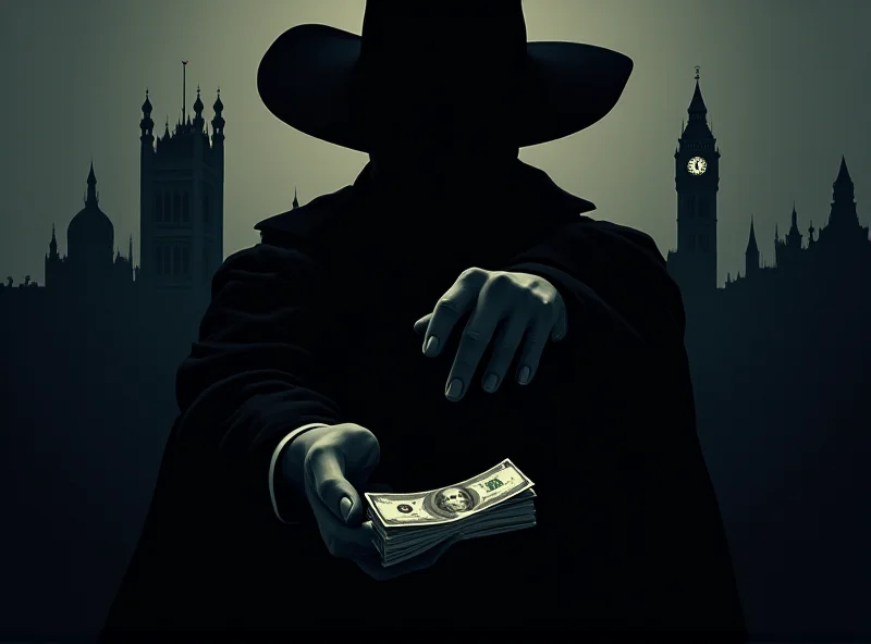 Illustration of a shadowy figure handing over money in front of the Houses of Parliament.