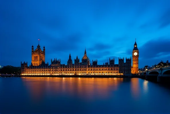 A photograph of the Houses of Parliament at dusk.