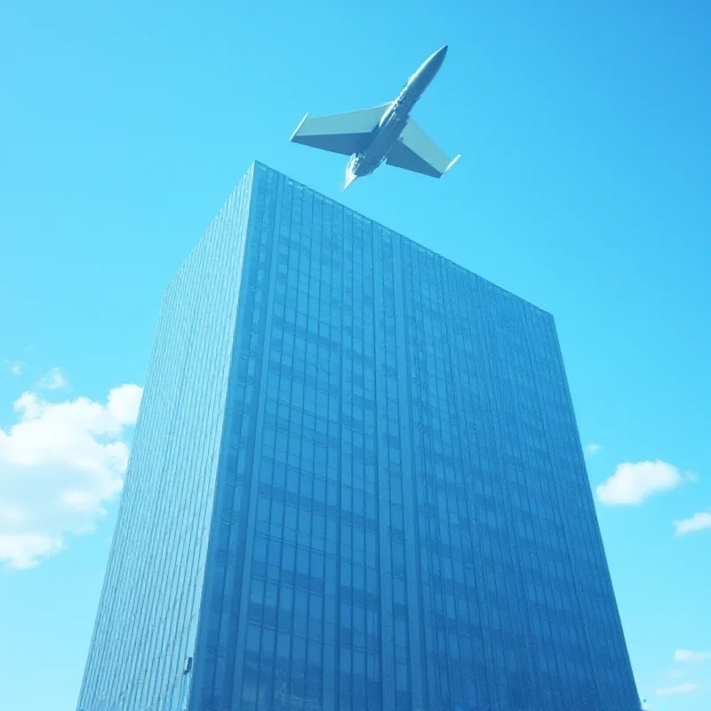 Pension fund building with a military jet flying overhead