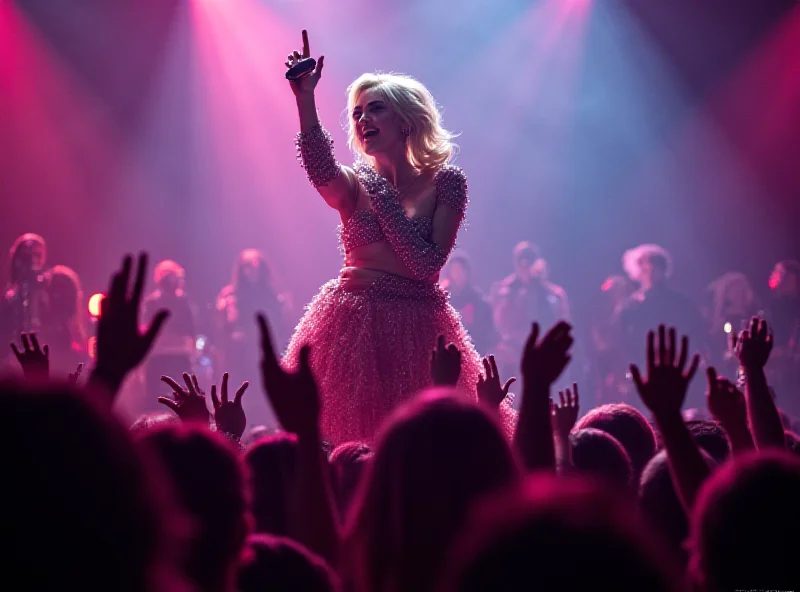 Lady Gaga performing on stage with bright lights and a large crowd in the background, showcasing her energy and stage presence during a pop concert.