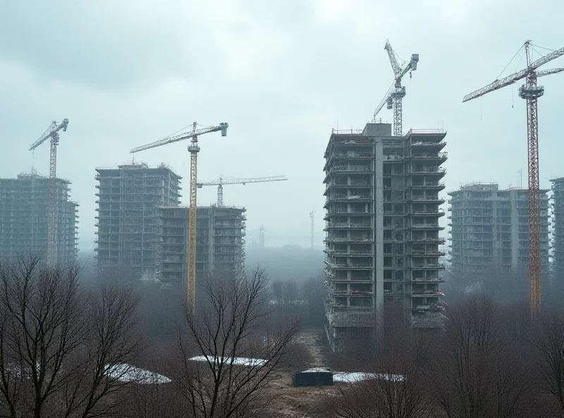 Construction site with unfinished buildings under a cloudy sky.