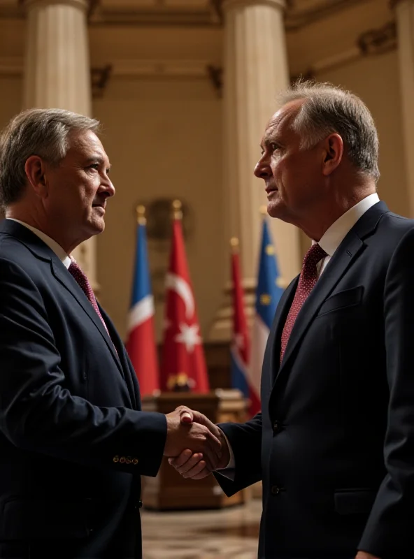 Two politicians shaking hands in a government building.