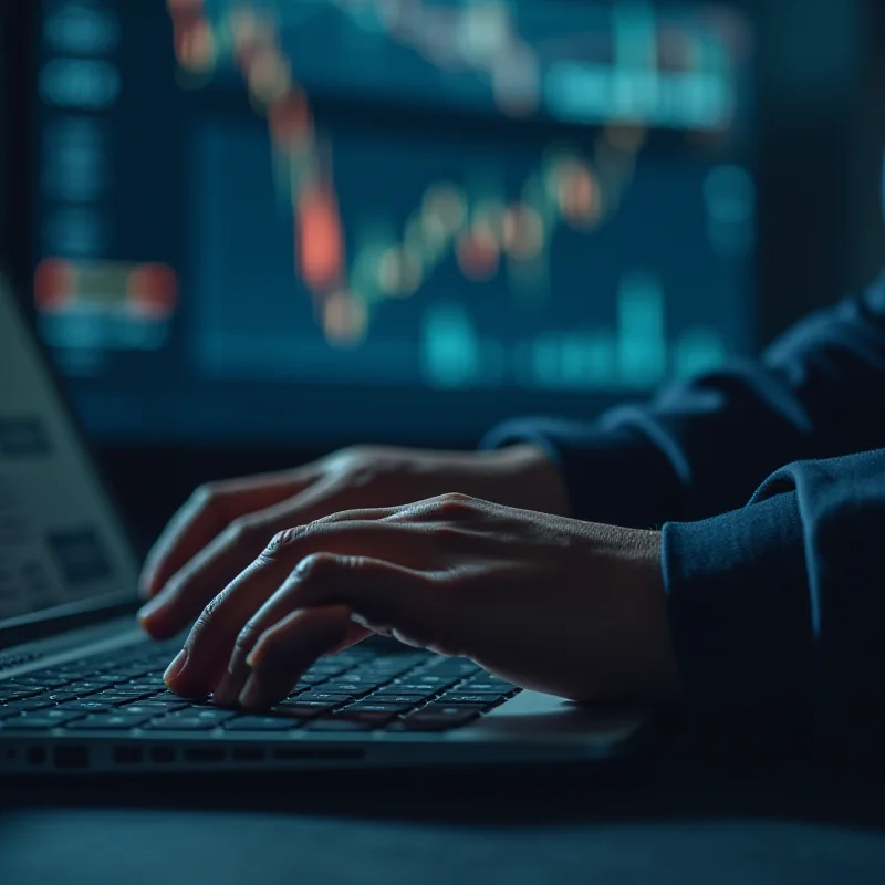 Close up of hands typing on a laptop keyboard with financial charts displayed on the screen.