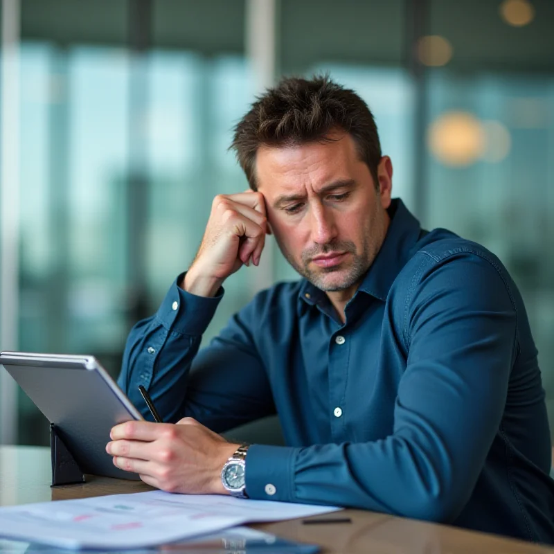 A pensive investor looking at a tablet displaying financial data, contemplating the risks and rewards of investing in Laurentian Bank.