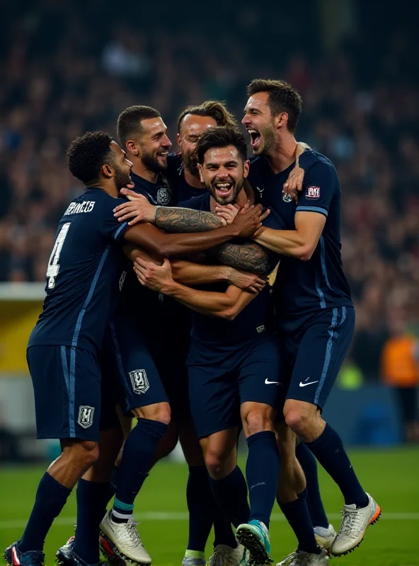 Close-up of a soccer player celebrating a goal with teammates