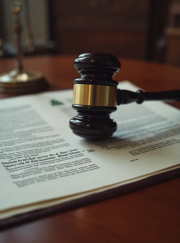 A gavel and legal documents on a table in a courtroom.